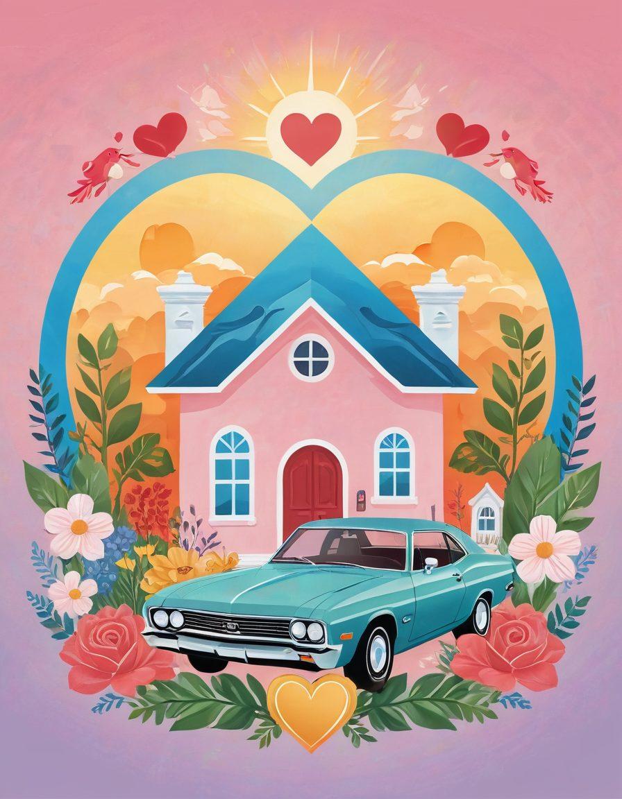 A heart-shaped shield representing love and protection, surrounded by various insurance policy symbols like a house, car, and health symbols. In the background, a couple holding hands while looking at the shield, symbolizing their journey together. Soft pastel colors to create a warm atmosphere, with subtle rays of sunlight shining down. vector art. vibrant colors.