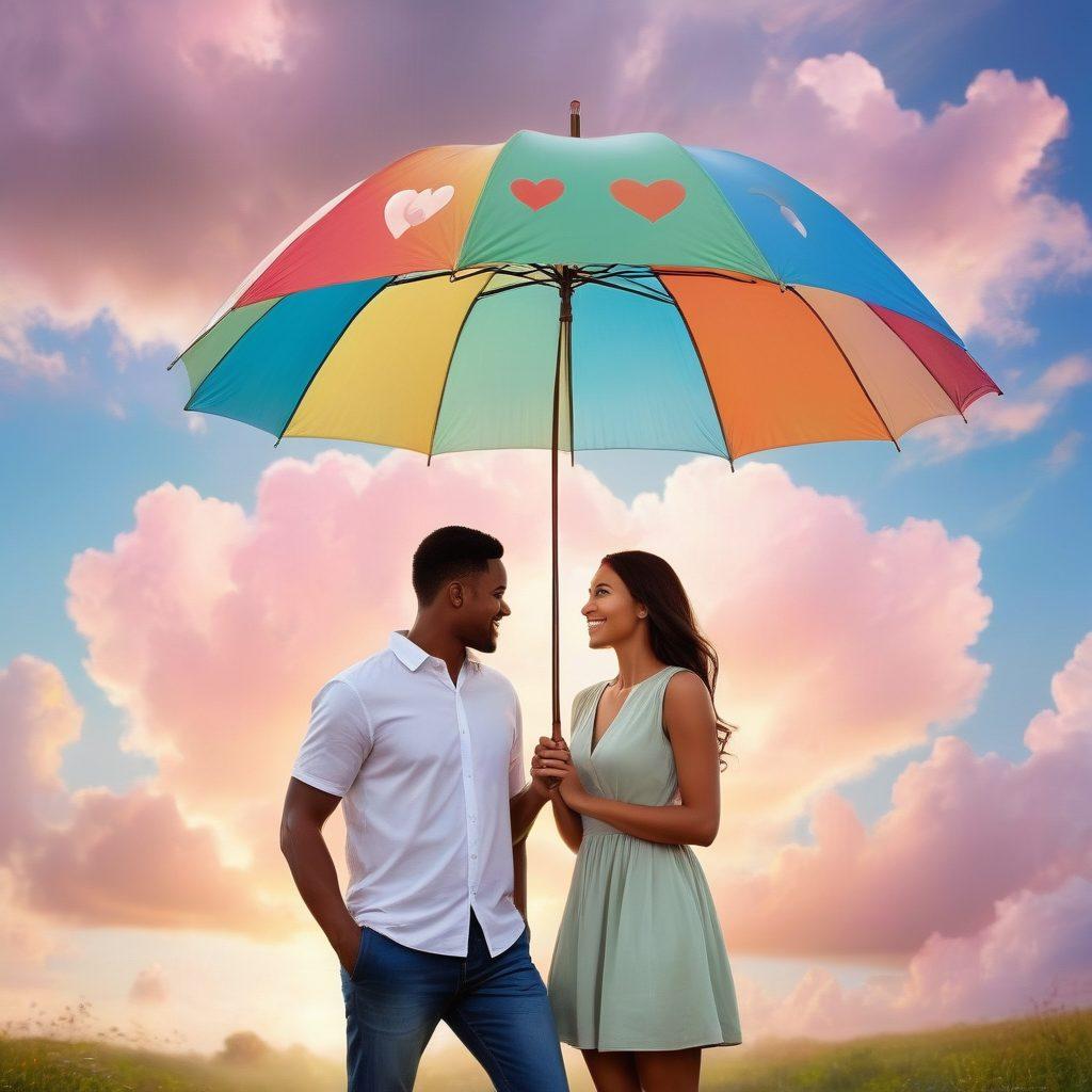 A couple holding hands with an umbrella that has insurance symbols like shields and hearts, symbolizing protection in relationships. In the background, there are soft pastel colors and gentle clouds representing a supportive atmosphere. Incorporate elements like home, family, and tranquility to reinforce the theme. The couple should look happy and relaxed, portraying love and security. vibrant colors. soft focus.