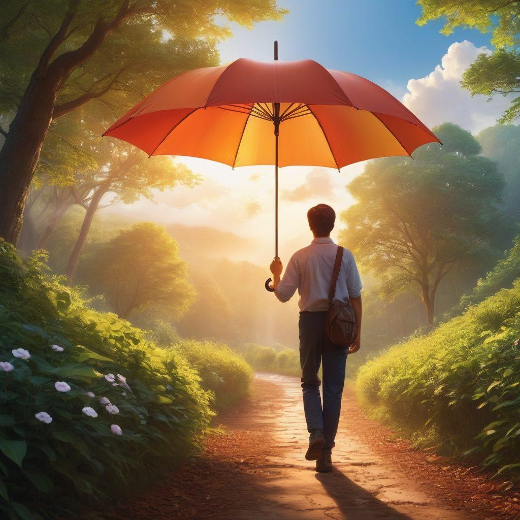 A serene landscape showcasing a person confidently walking along a path surrounded by lush trees, symbolizing emotional security. In their hands, a vibrant umbrella with insurance icons reflecting stability and protection, while clouds above start to disperse, revealing a bright sky. Soft sunlight filters through the branches, emphasizing a sense of safety and optimism. Illustrative style with warm tones and gentle gradients. super-realistic. vibrant colors.